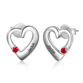 Personalized 1 Name 1 Stone Engraved Heart Stud Earrings