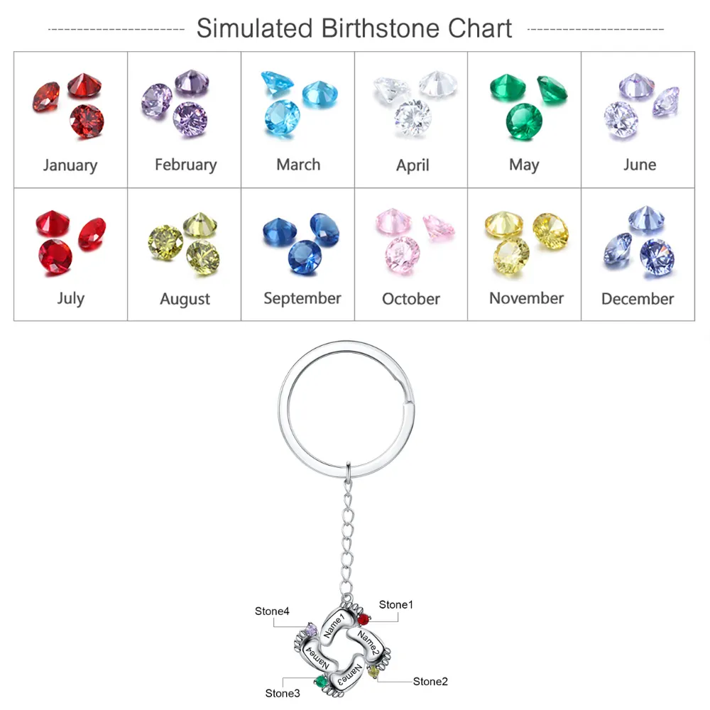 Personalized 4 Names And Birthstones Engraved Baby Foot Keychains