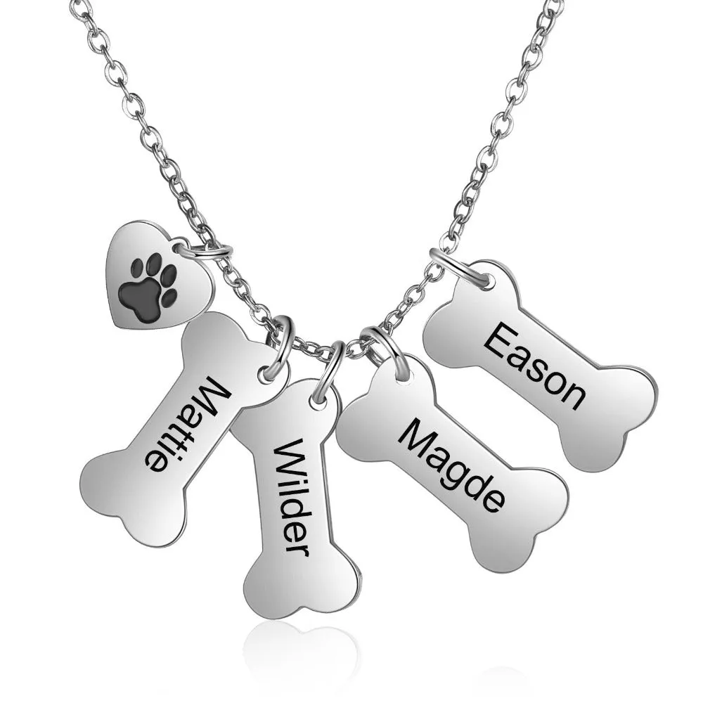 Personalized 4 Names Dog Bone Necklace