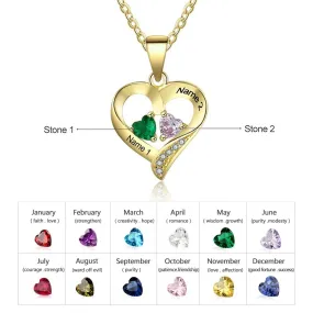 Personalized Classic 2 Names And Birthstones Heart-Shaped Necklace