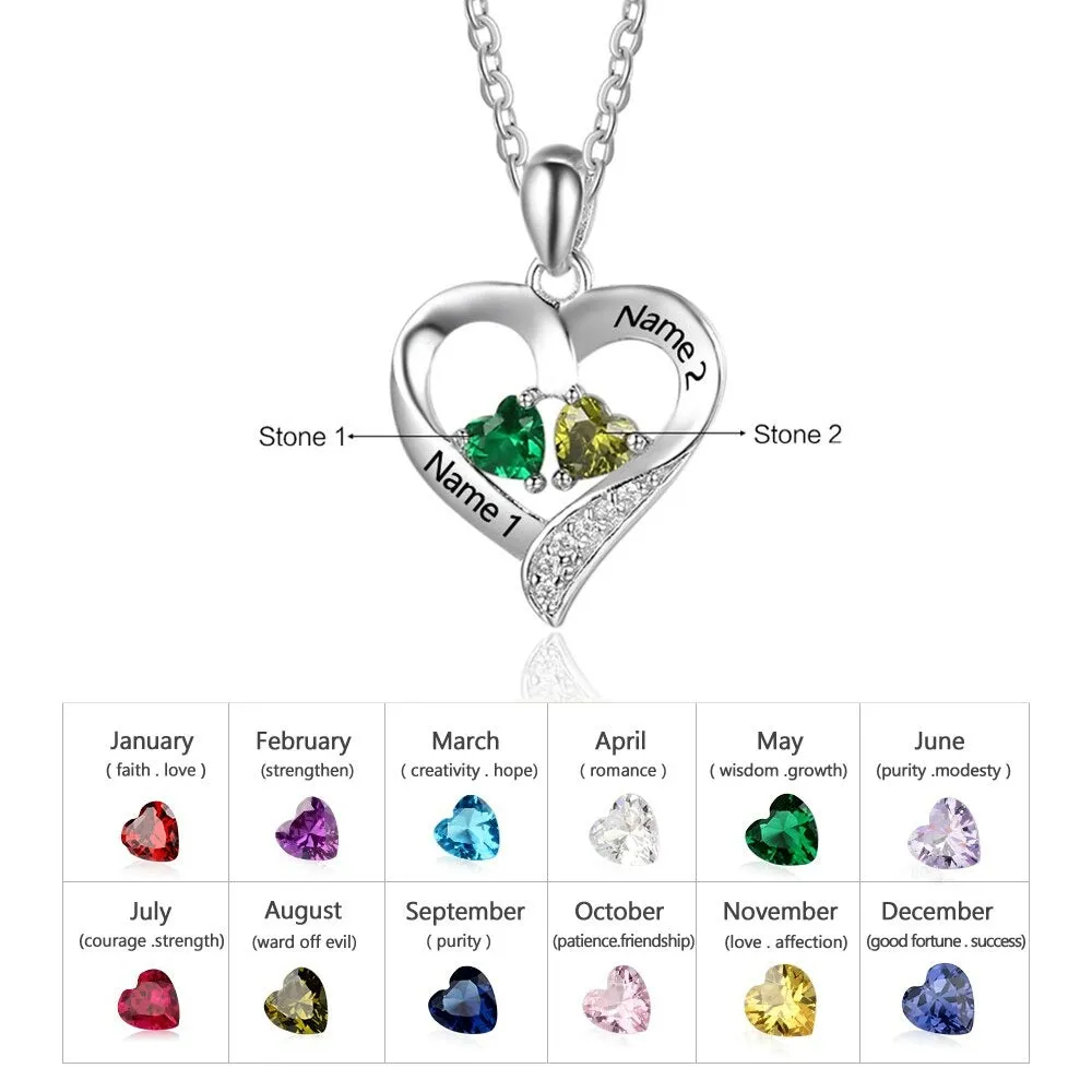 Personalized Classic 2 Names And Birthstones Heart-Shaped Necklace