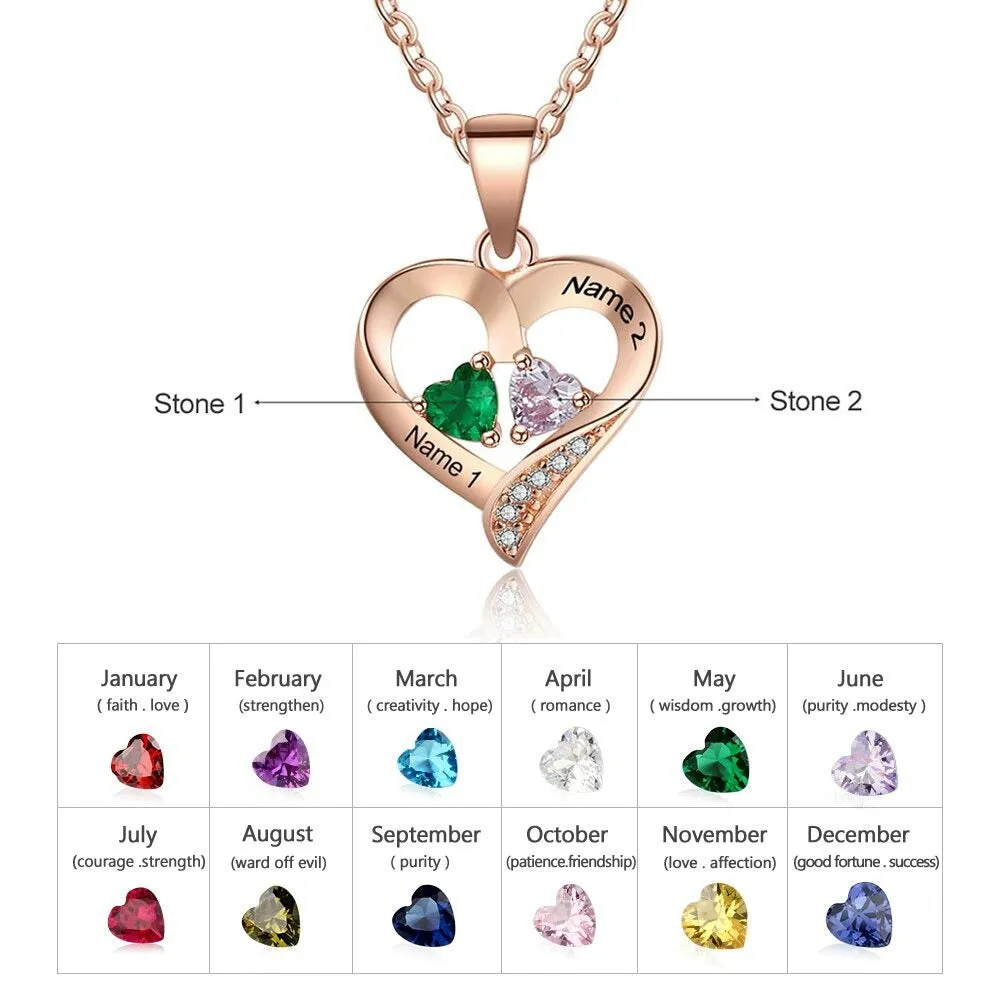 Personalized Classic 2 Names And Birthstones Heart-Shaped Necklace