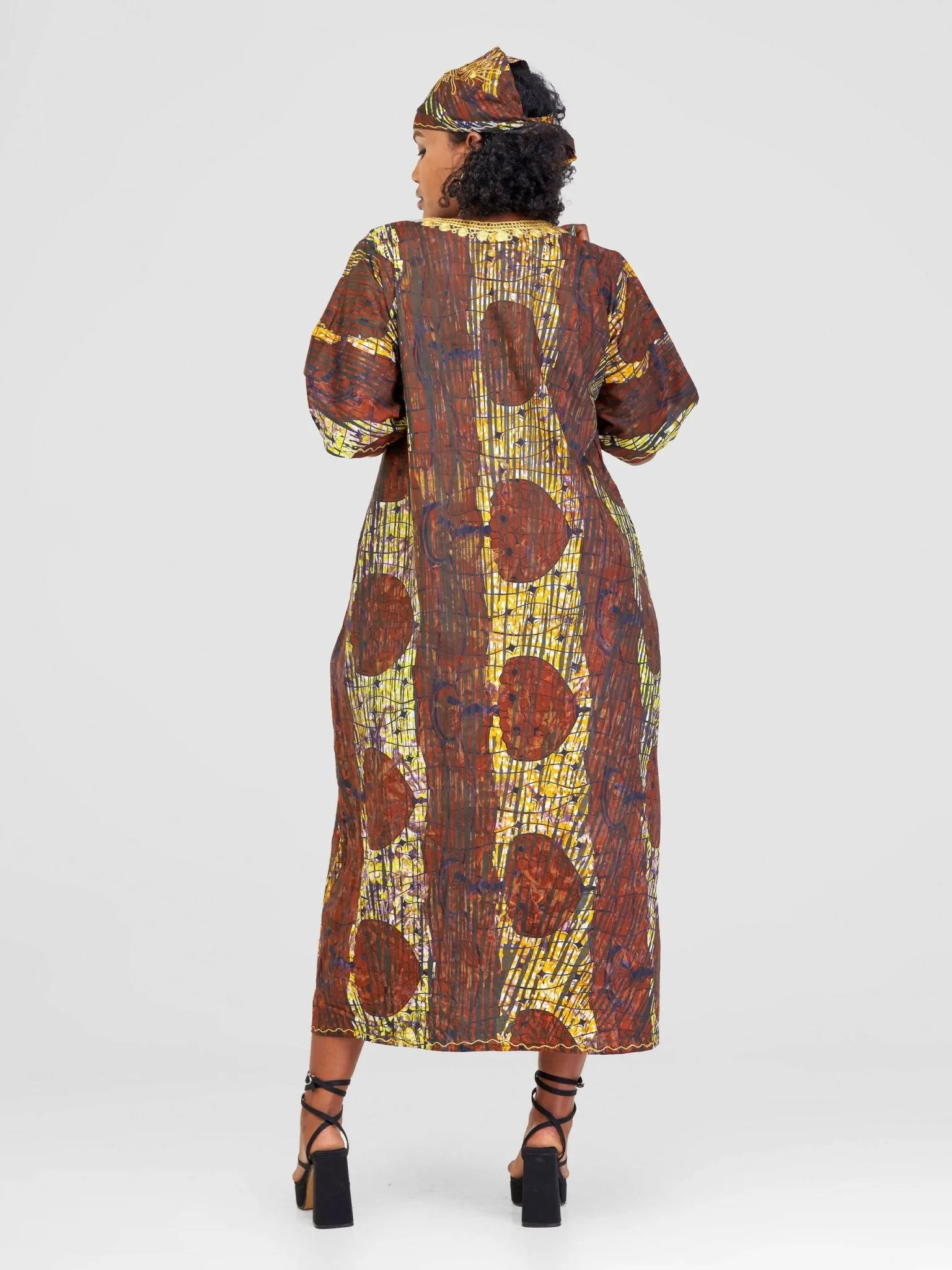 PrettyGline Ankara Embroidered Dress - Mustard / Brown