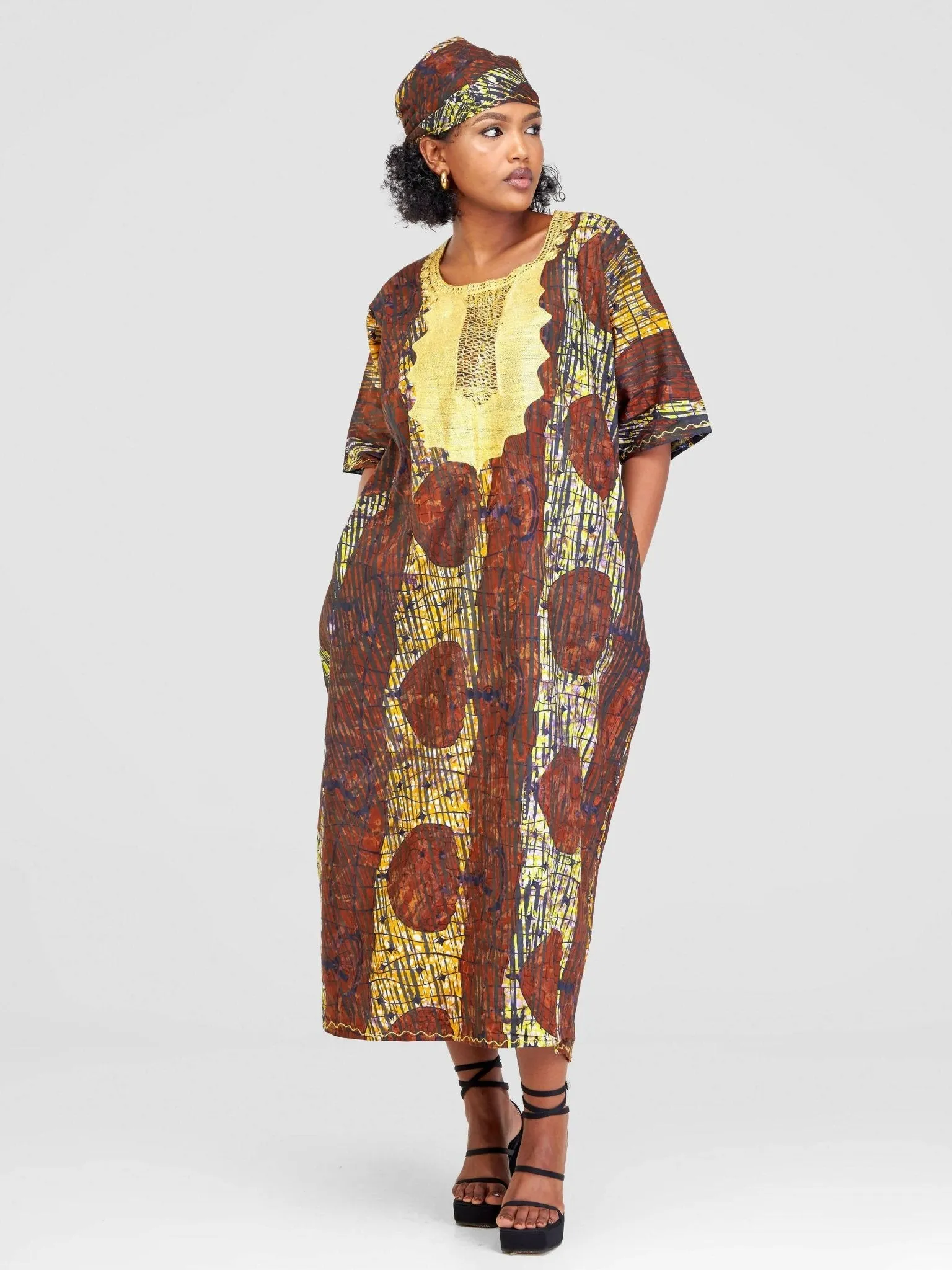 PrettyGline Ankara Embroidered Dress - Mustard / Brown