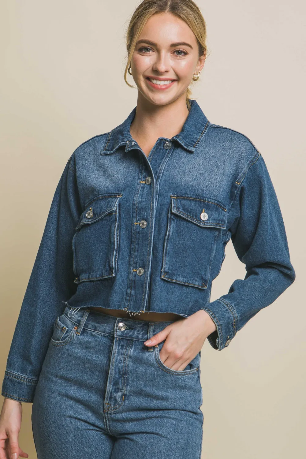 Raw Hem Button Up Cropped Denim Jacket