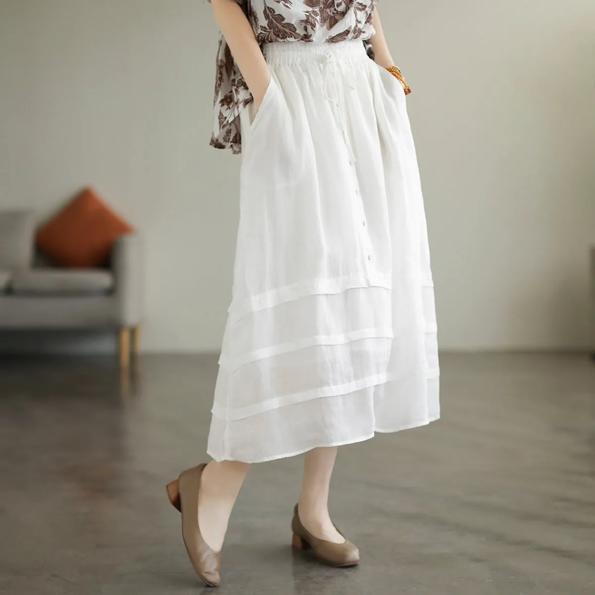 Retro A-Line Summer Patchwork Linen Skirt