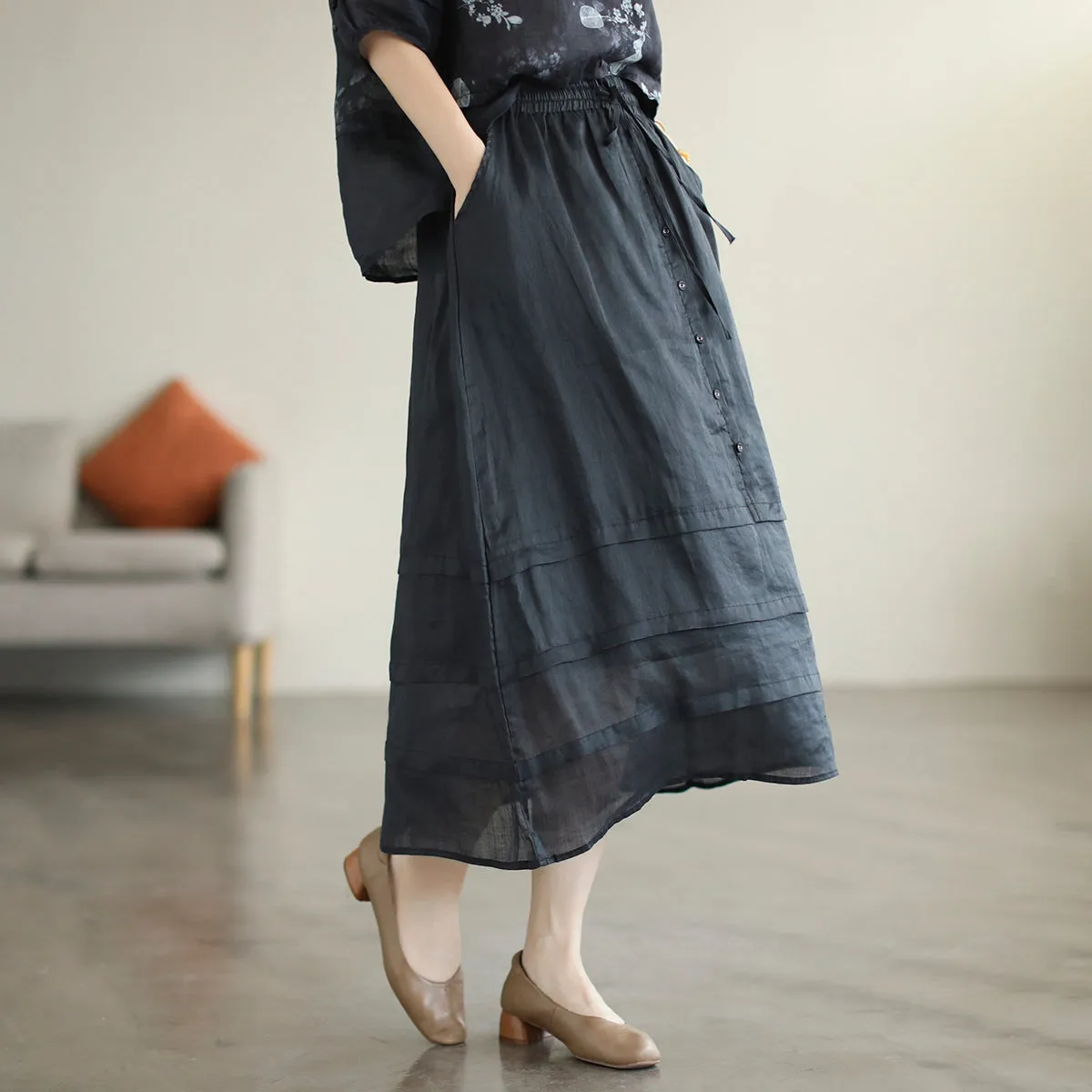 Retro A-Line Summer Patchwork Linen Skirt