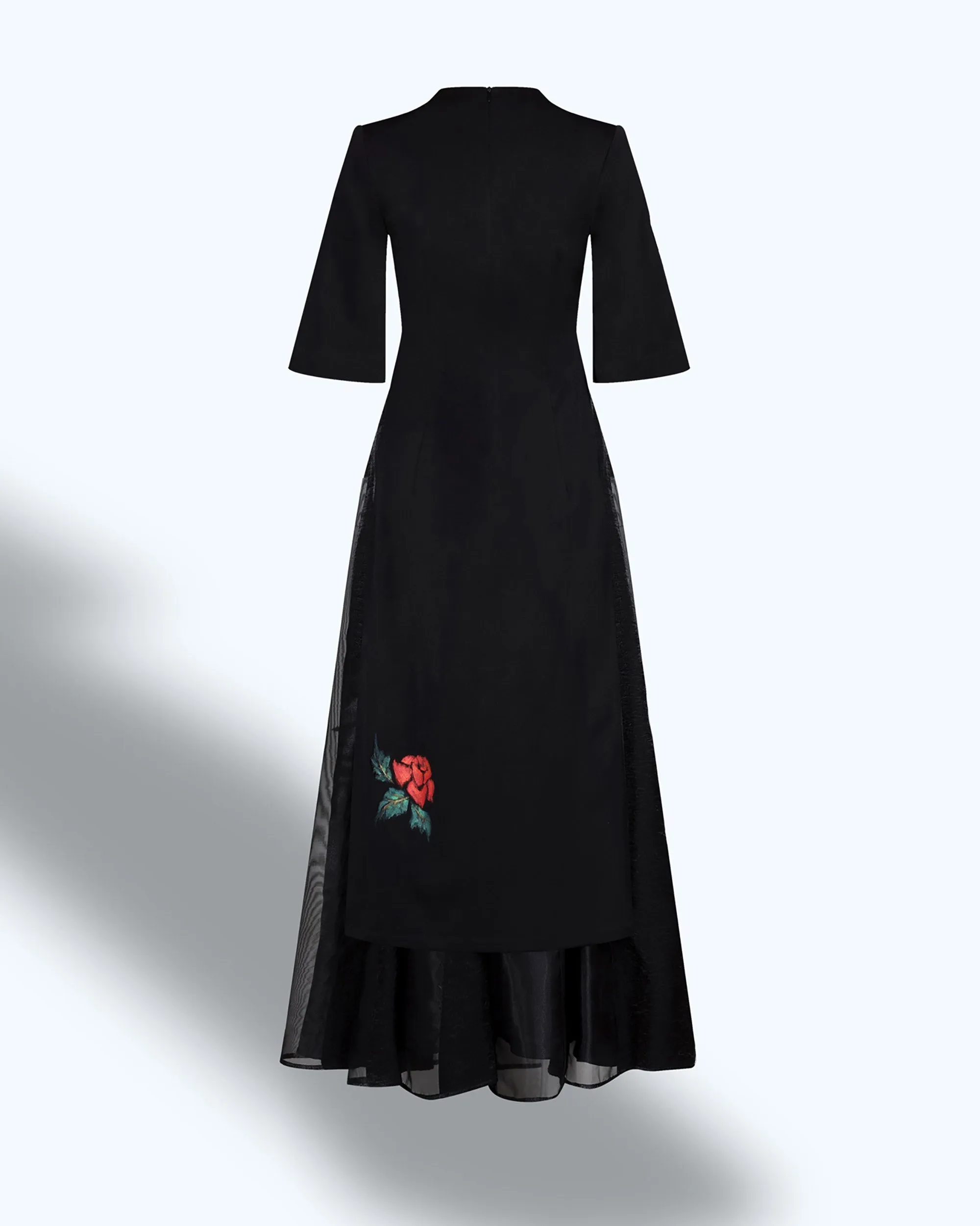 Roses-painted Bell Sleeve Contemporary Black Aodai