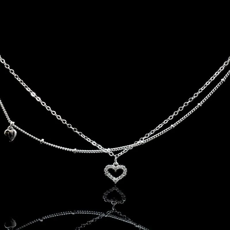 Sterling Silver Heart Rhinestone Double Layer Anklet