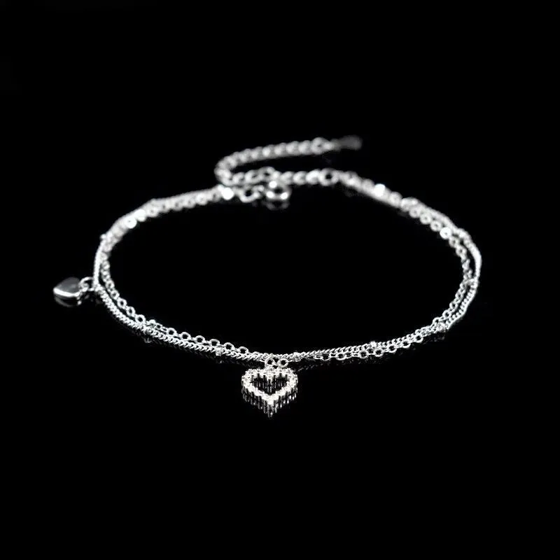 Sterling Silver Heart Rhinestone Double Layer Anklet