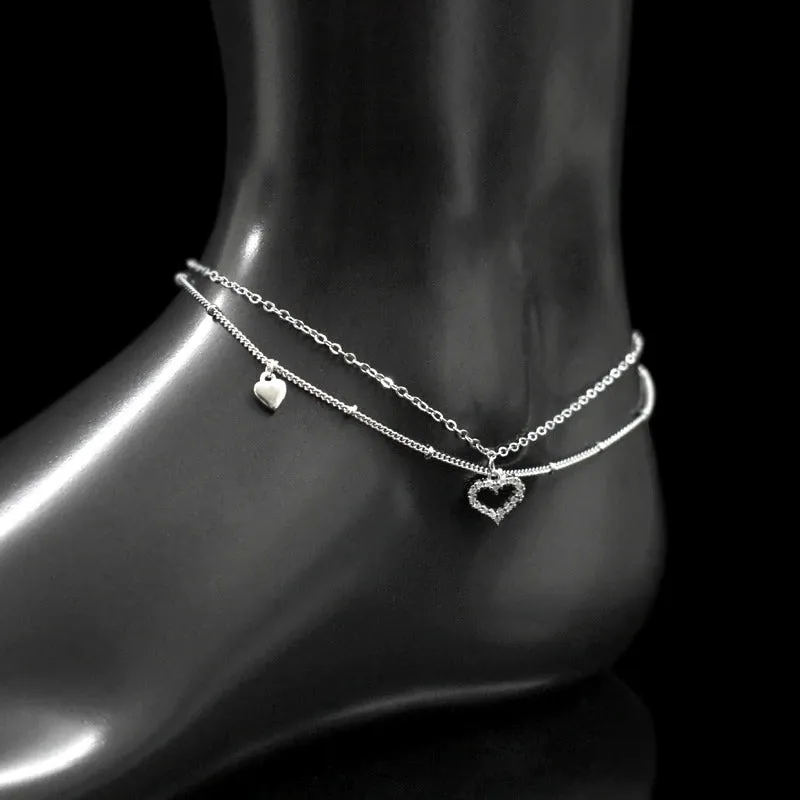 Sterling Silver Heart Rhinestone Double Layer Anklet