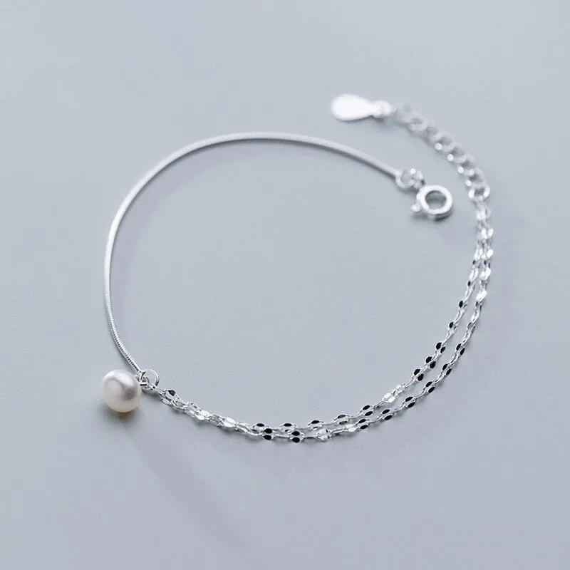 Sterling Silver Minimalism Small Pearl Chain Anklet For Women