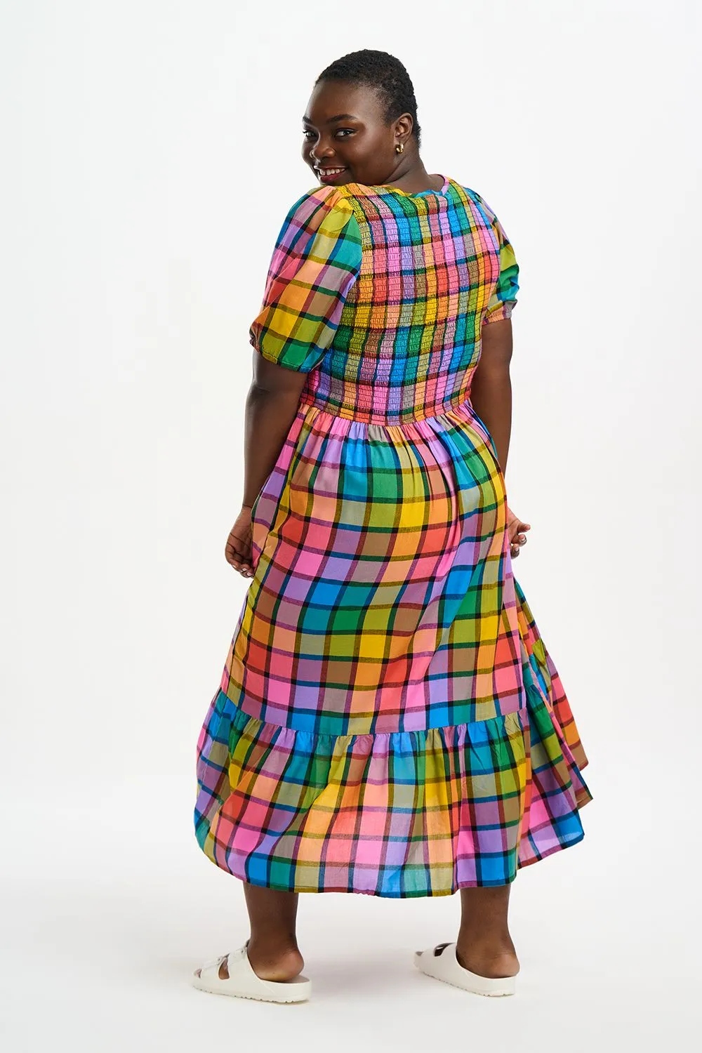 Sugarhill Brighton Rainbow Check Yolanda Shirred Midi Dress