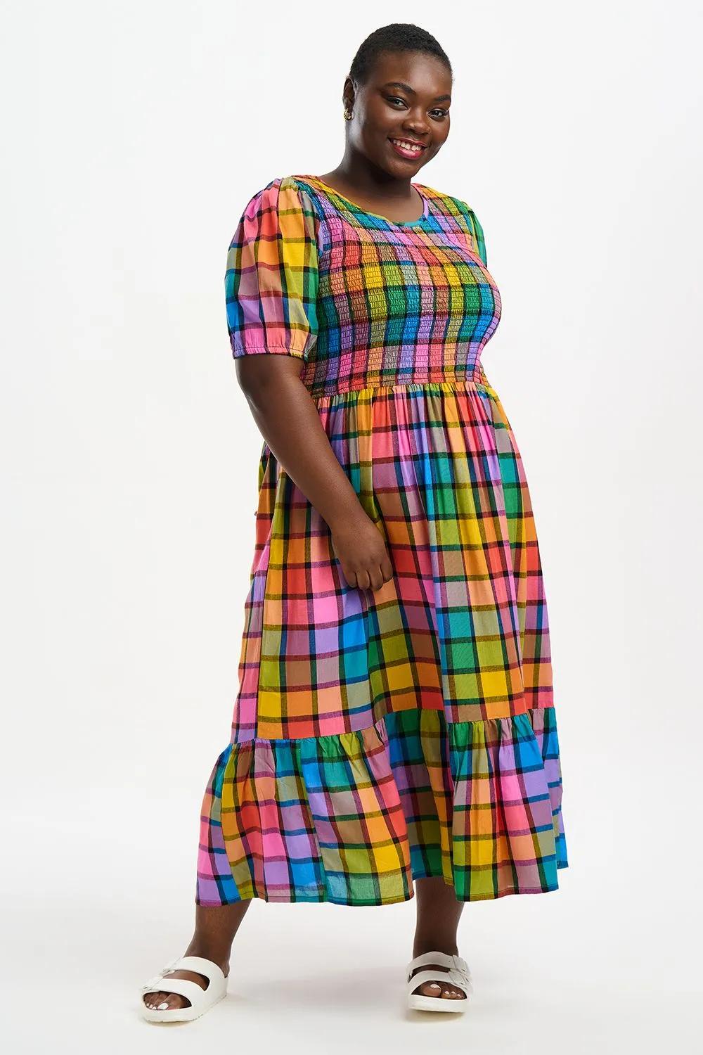 Sugarhill Brighton Rainbow Check Yolanda Shirred Midi Dress