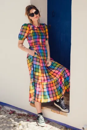 Sugarhill Brighton Rainbow Check Yolanda Shirred Midi Dress