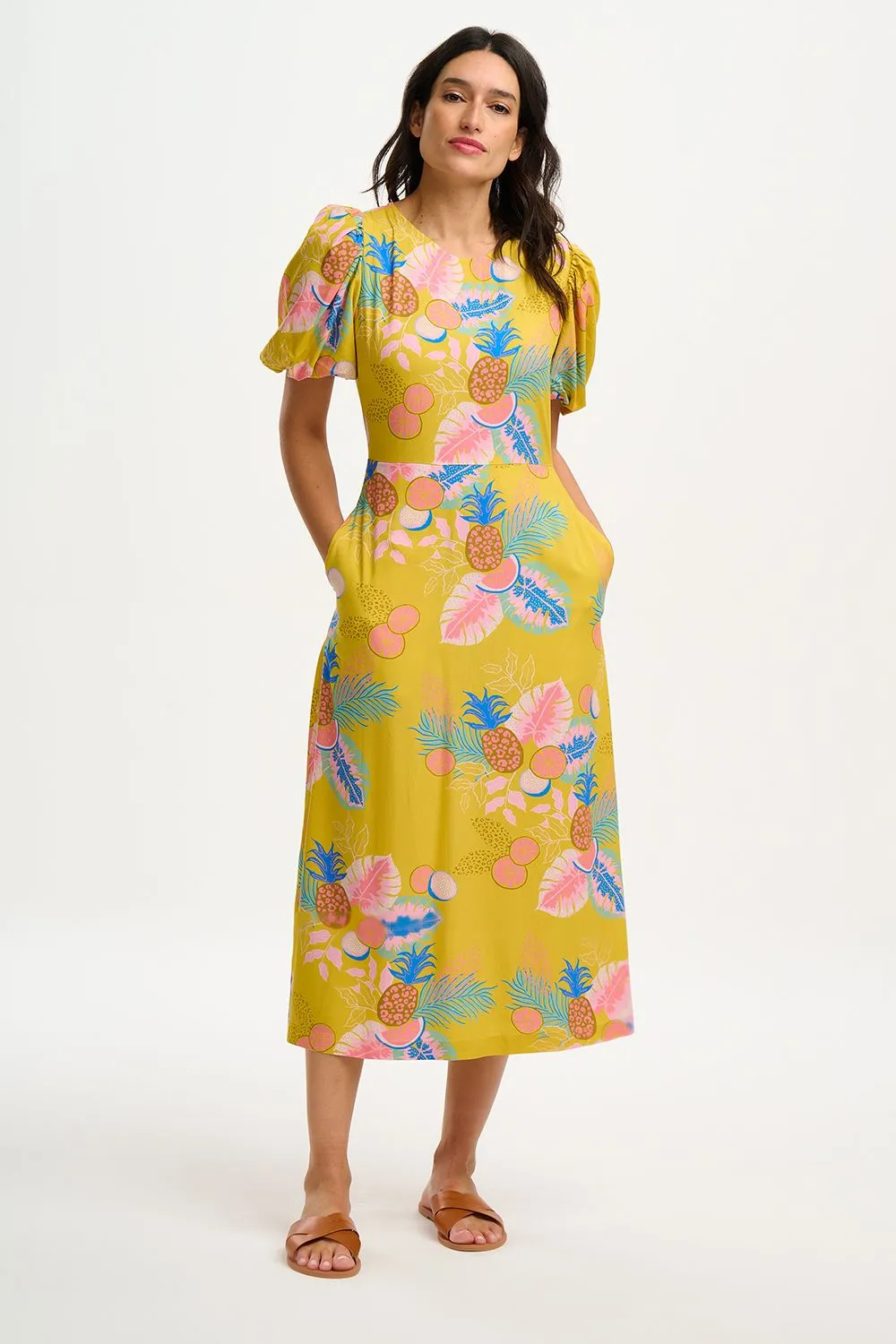 Sugarhill Brighton Sorcha Yellow Tropical Fruits Midi Dress