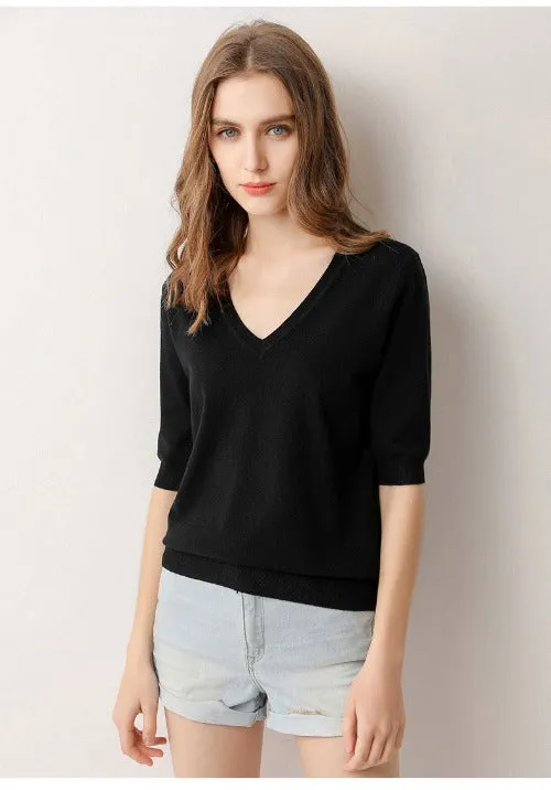 V Neck Short Sleeve Shirt Top - Black