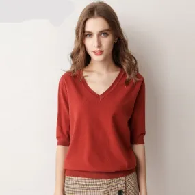 V Neck Short Sleeve Shirt Top - Jujube