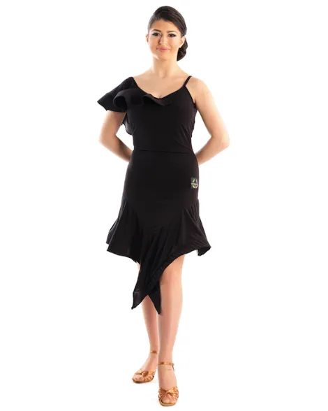 Victoria Blitz Siracusa Black Latin Practice Dress with Frill on One Shoulder, Unique Asymmetrical Skirt, and Open Back PRA 723 in Stock