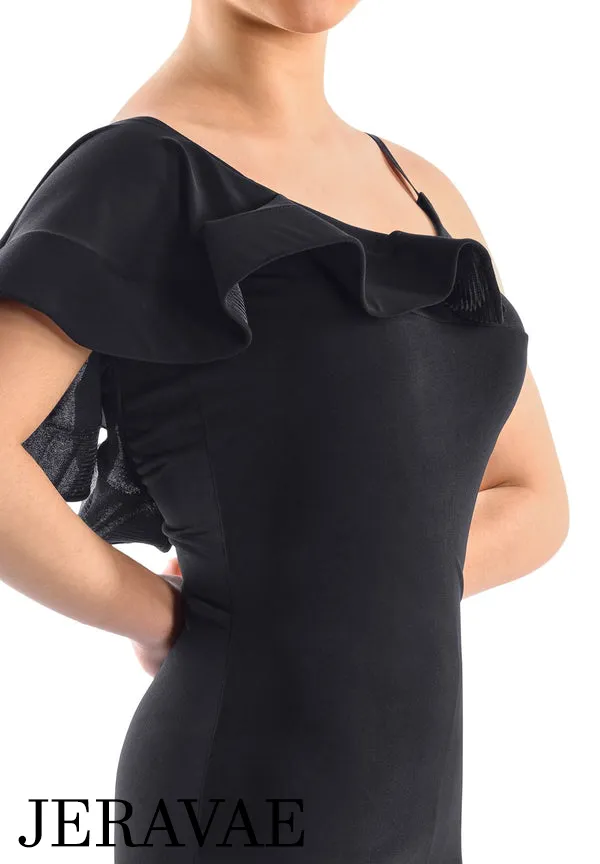 Victoria Blitz Siracusa Black Latin Practice Dress with Frill on One Shoulder, Unique Asymmetrical Skirt, and Open Back PRA 723 in Stock