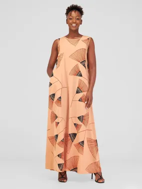 Vivo Basic Sleeveless Tent Maxi Dress - Tan / Black Fan Print