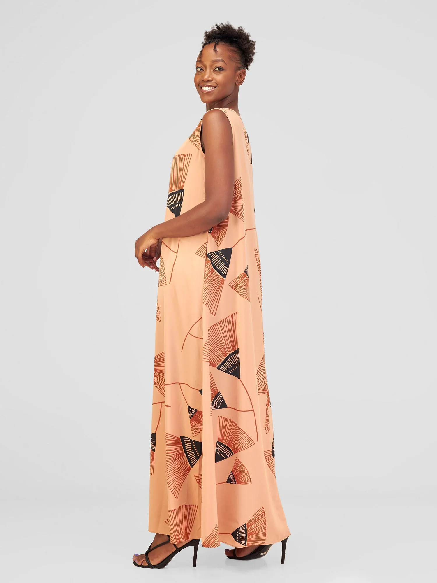 Vivo Basic Sleeveless Tent Maxi Dress - Tan / Black Fan Print