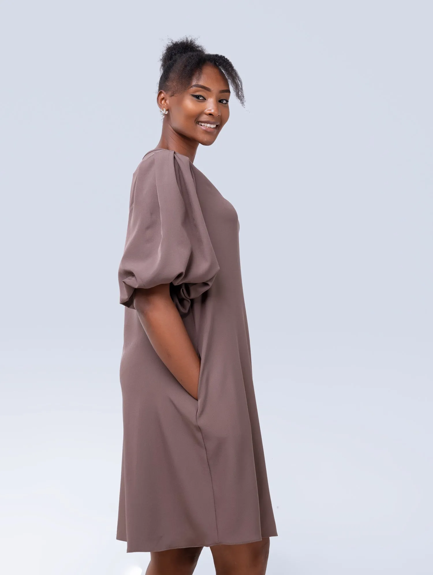 Vivo Esna Puff Sleeve Tent Dress - Dark Taupe