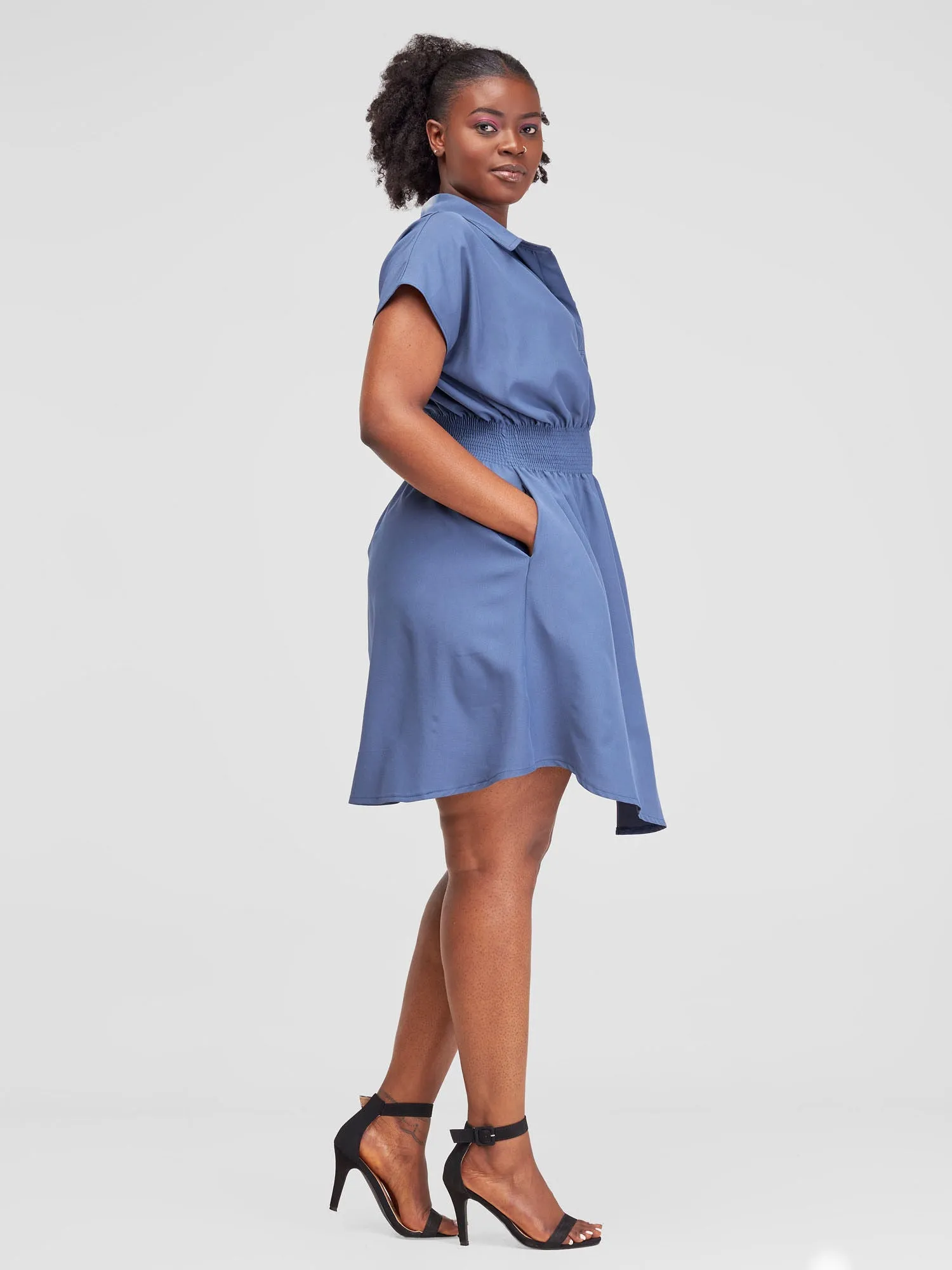 Vivo Zena Shirred Waist Shirt Dress - Blue