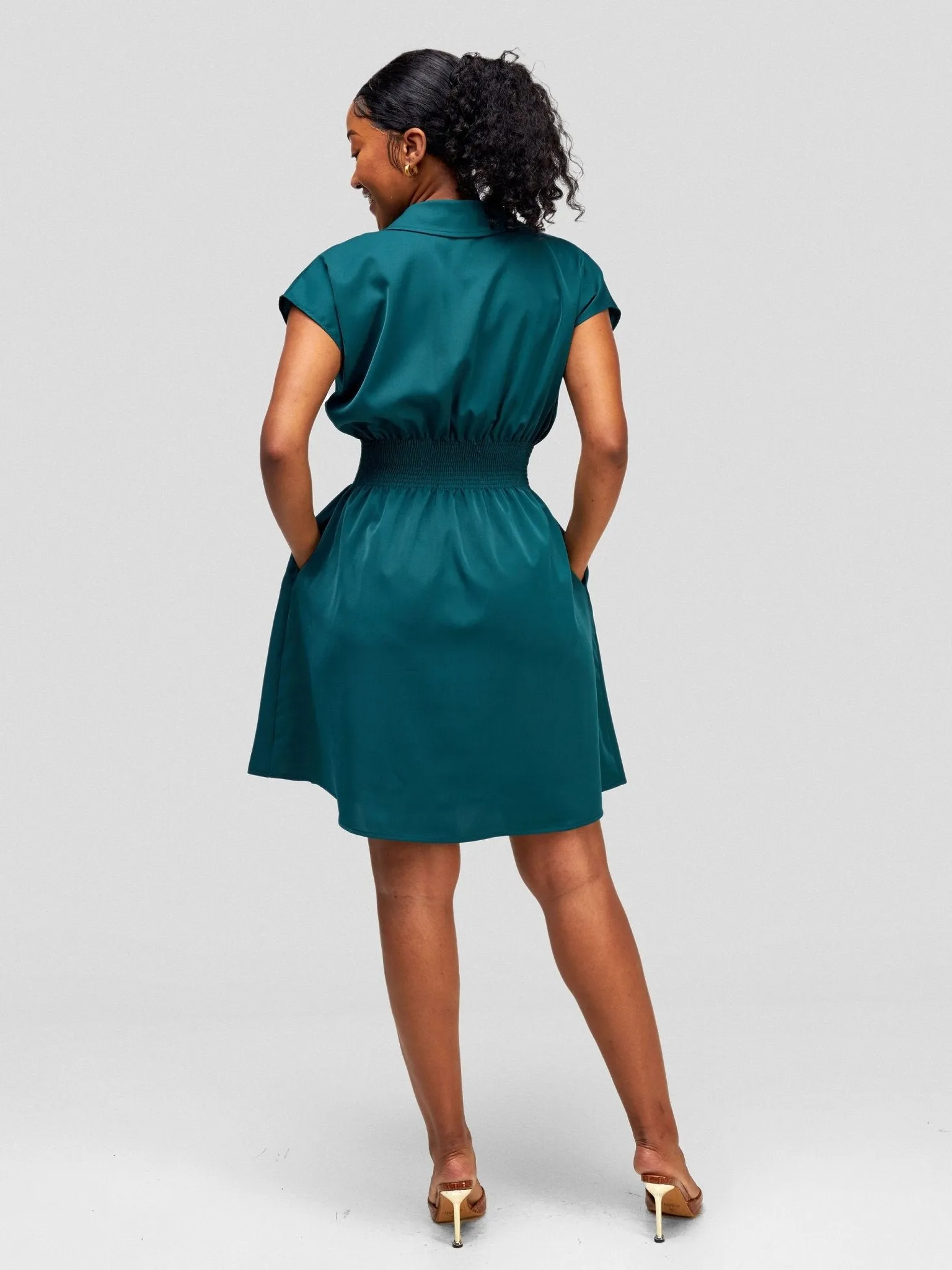 Vivo Zena Shirred Waist Shirt Dress - Dark Green