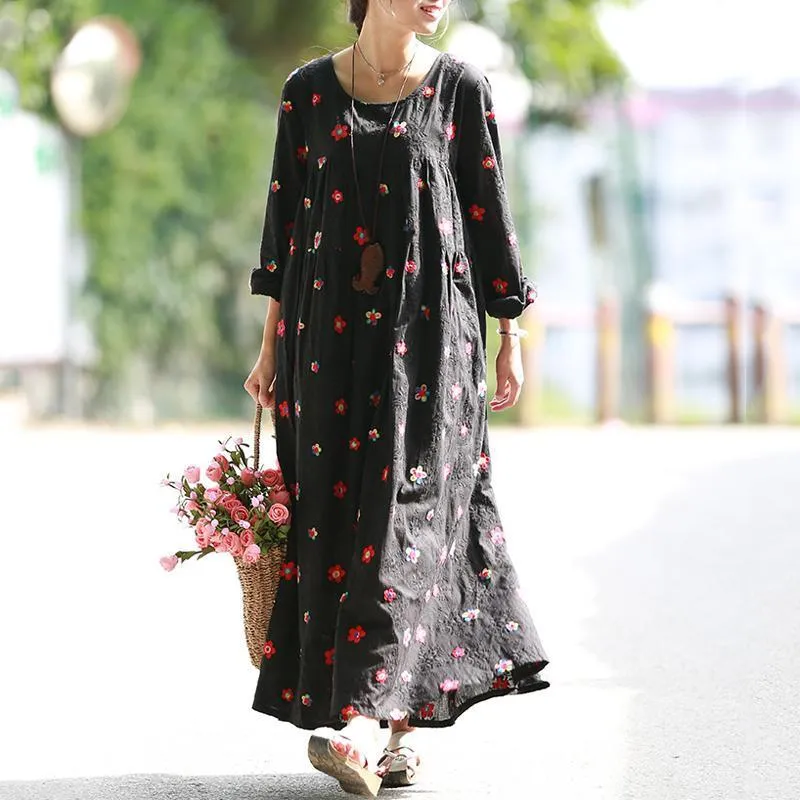 Women A-Line Floral Gathered Cotton Long Sleeve Dress