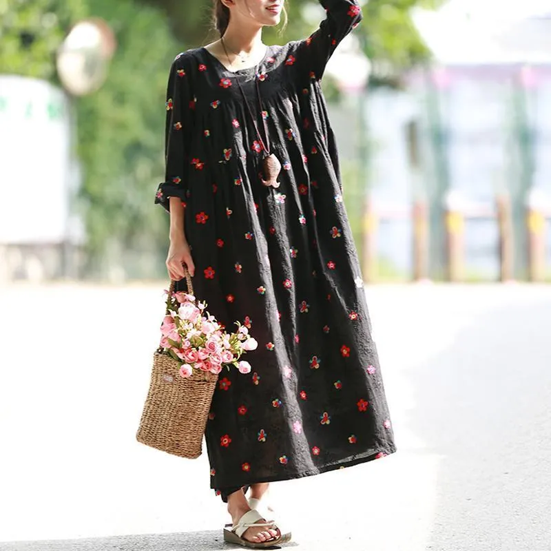 Women A-Line Floral Gathered Cotton Long Sleeve Dress