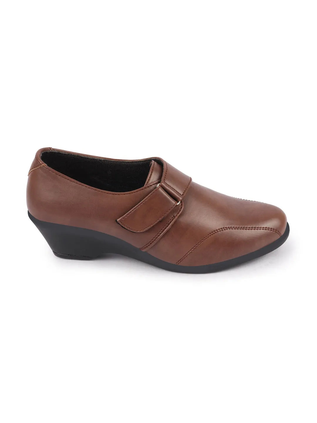 Women Brown Outdoor Fashion Hook and Loop Platform Heel Slip On Shoes