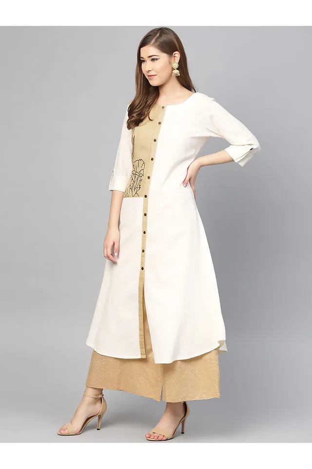 Women Solid Cotton Blend A-line Kurti - Ivory & White