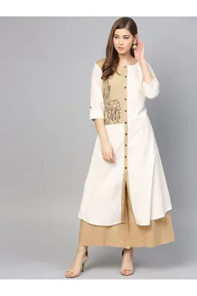 Women Solid Cotton Blend A-line Kurti - Ivory & White