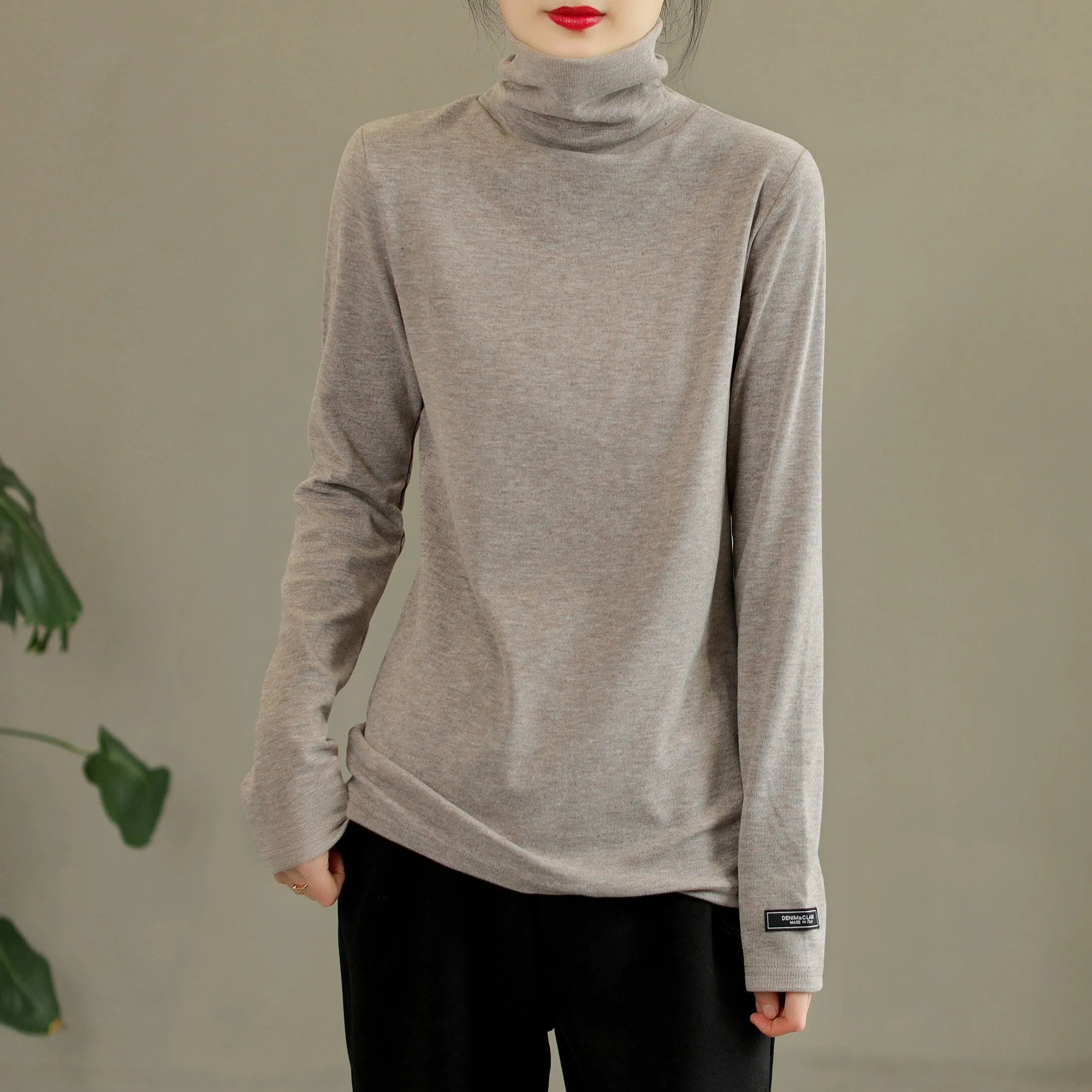 Women Solid Furred Casual Turtleneck Sweater