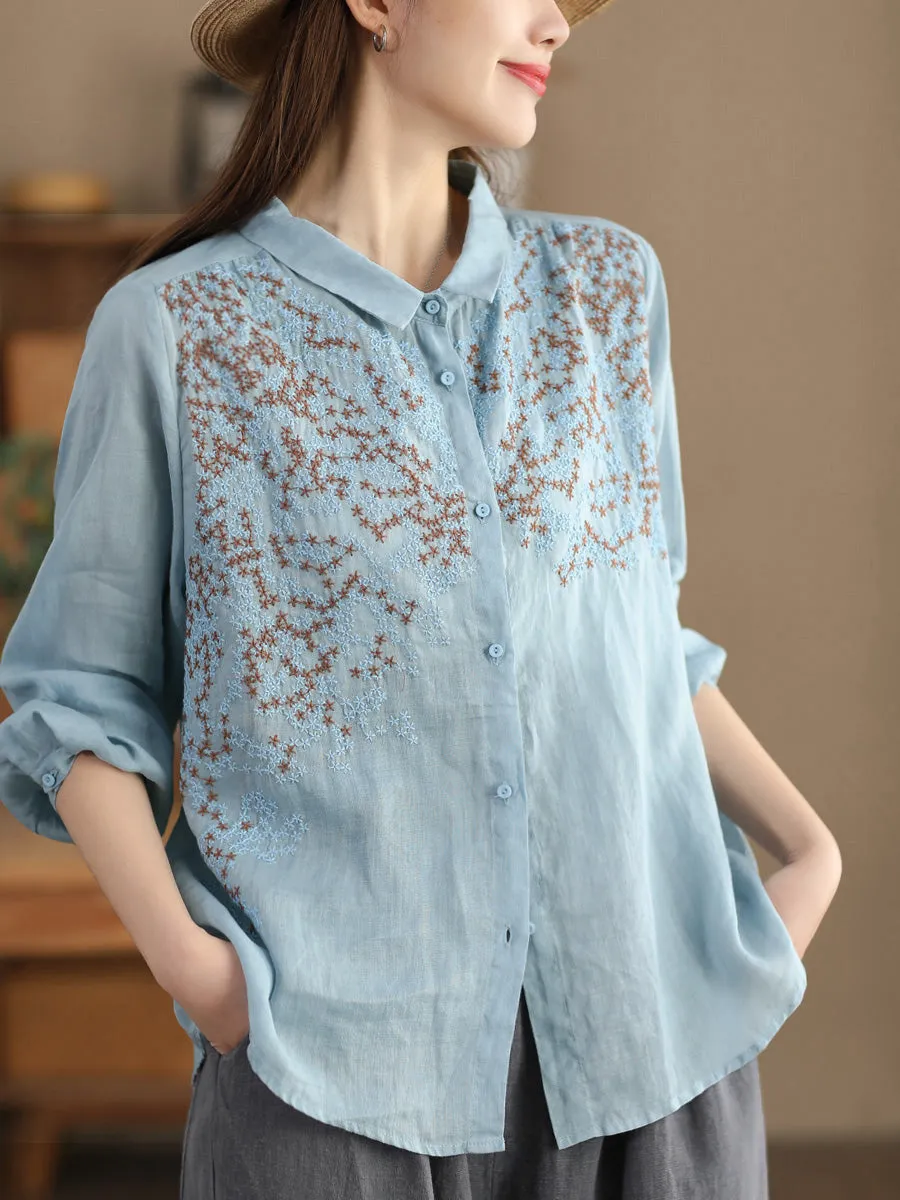 Women Spring Flower Embroidery Ramie Shirt