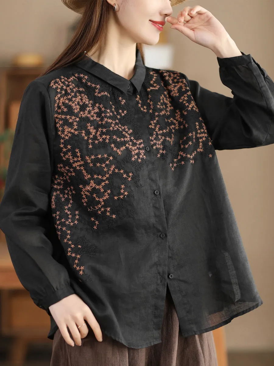 Women Spring Flower Embroidery Ramie Shirt