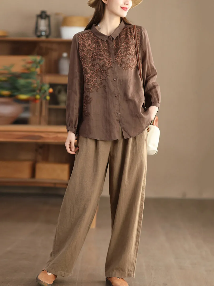 Women Spring Flower Embroidery Ramie Shirt