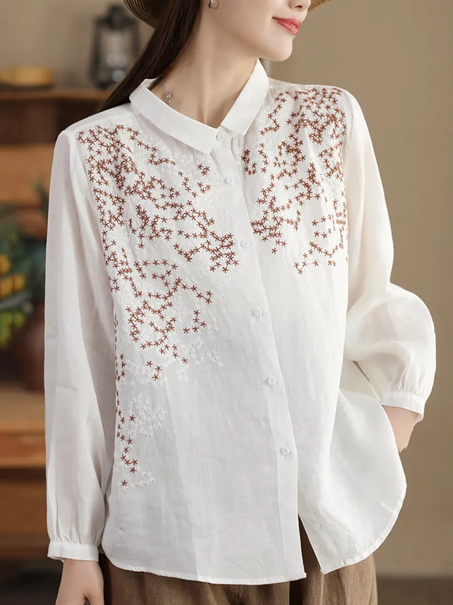 Women Spring Flower Embroidery Ramie Shirt