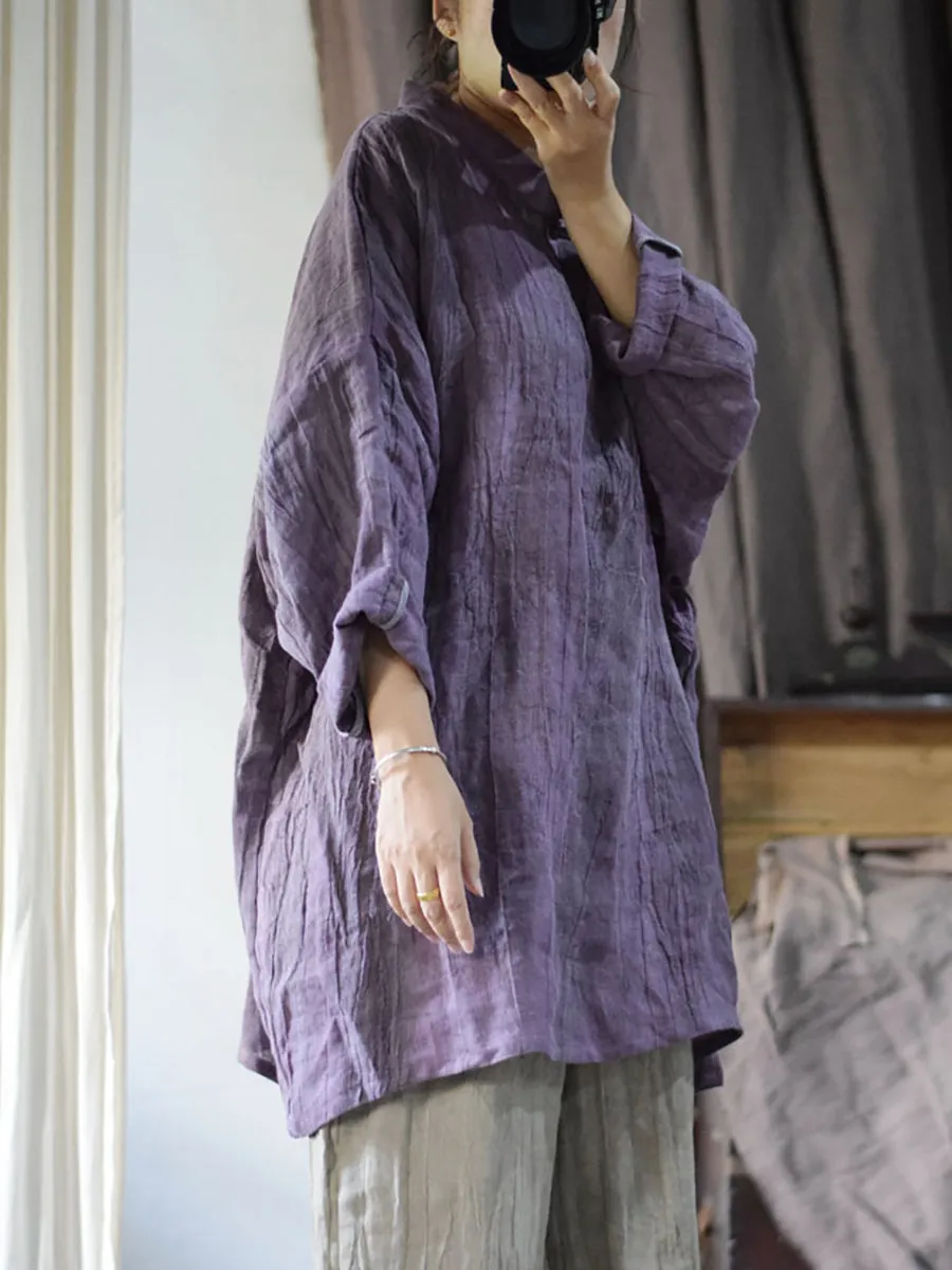 Women Vintage Solid Linen Loose Long Blouse KL1033