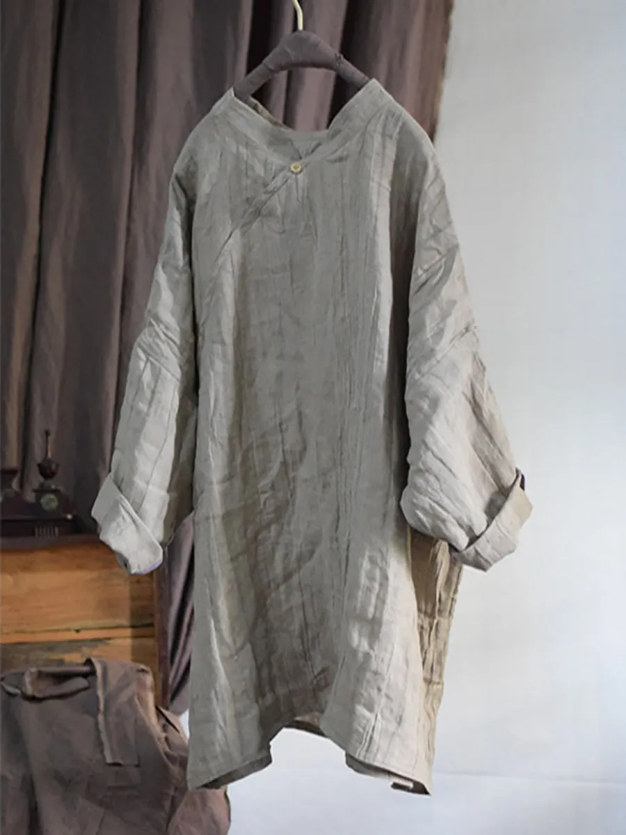 Women Vintage Solid Linen Loose Long Blouse KL1033