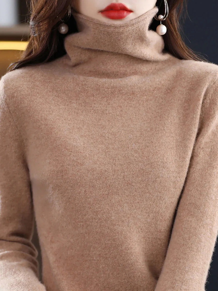 Women Winter 100%Wool Solid Turtleneck Baseshirt