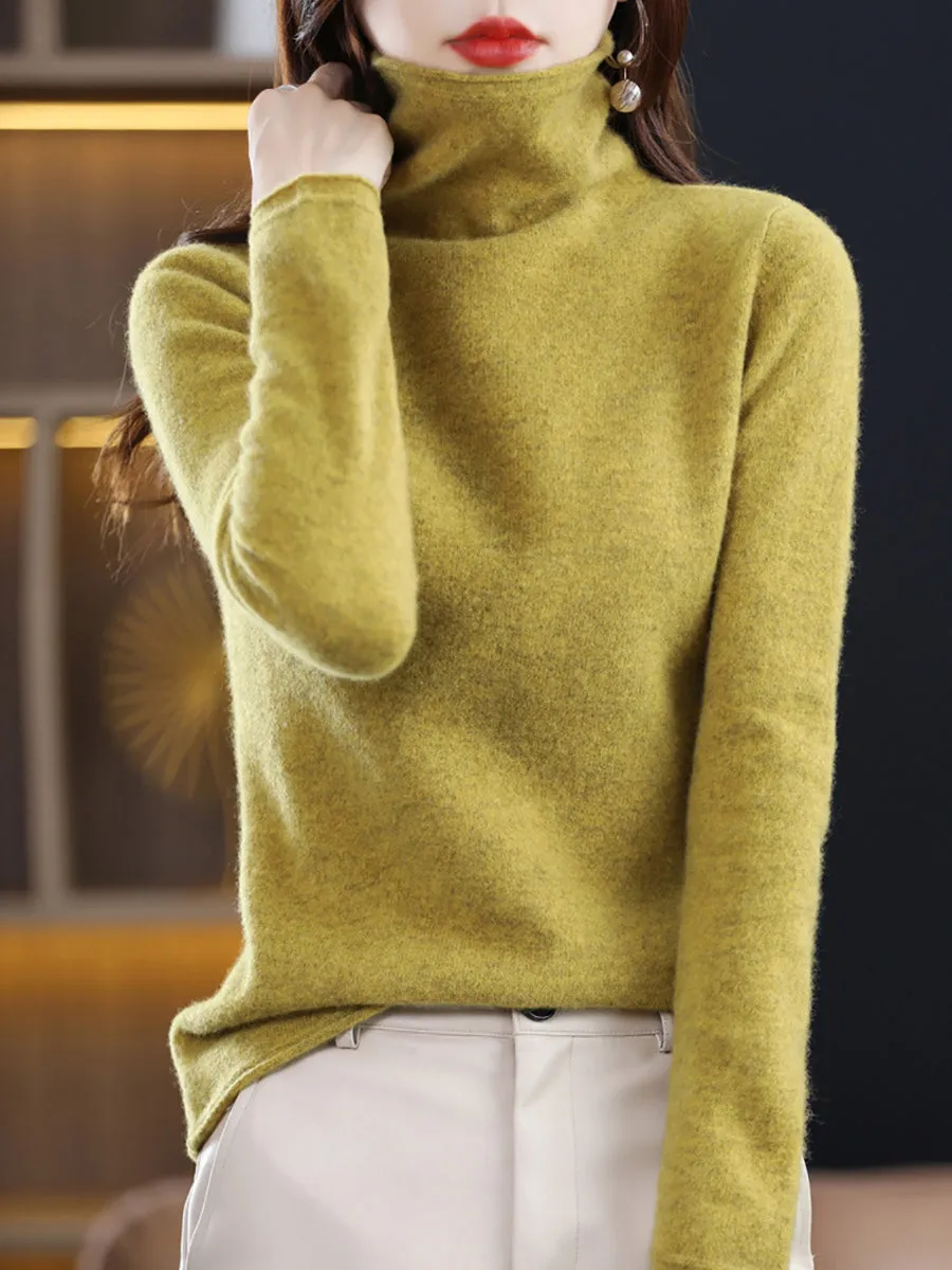 Women Winter 100%Wool Solid Turtleneck Baseshirt